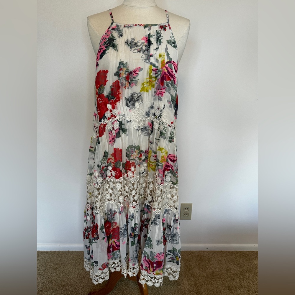 Ranna Gill White Maxi Dress with Multicolor Floral Print and Crochet Trim
